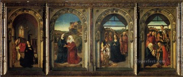 three women at the table by the lamp Painting - Bouts Dirck Polyptych Showing The Annunciation Netherlandish Dirk Bouts